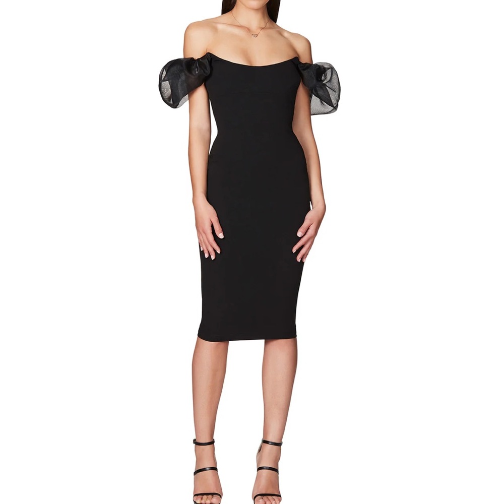 NWT Nookie Eleganza Organza Sleeves Black Midi Dress. Size X-Small
